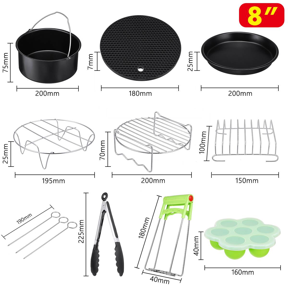 Accessoires pour friteuse à Air 8 pouces, outils de cuisine domestique pour Barbecue, cuisson, cuisson, adapté pour friteuse à Air 4.2 – 6.8QT 12 pièces/ensemble