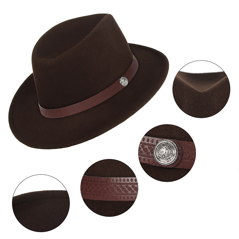 mujeres hombres sombreros de fieltro sombrero de vaquero occidental señora Sombrero Hombre pieza de Metal decoración vaquera Jazz gorras de sol tamaño 57CM