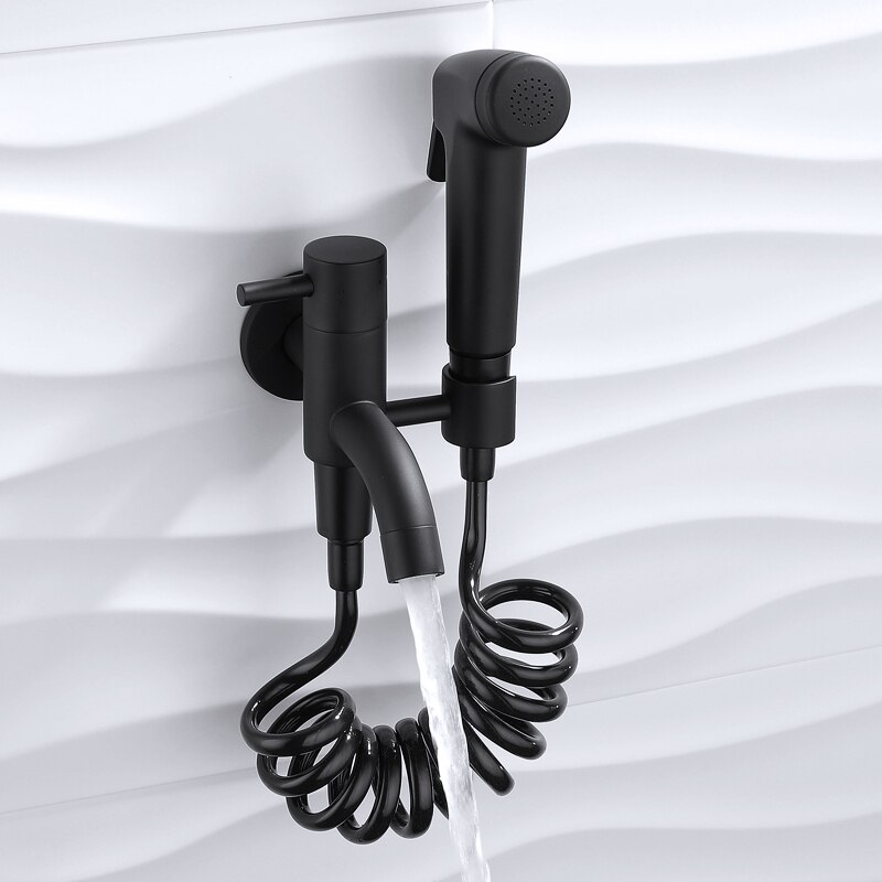 Bidet Shower Black Bathroom Toilet Bidet Faucet Wall Mounted Washer Mop Tap with Shattaf Holder Bracket and Spring Hose PVD Hose