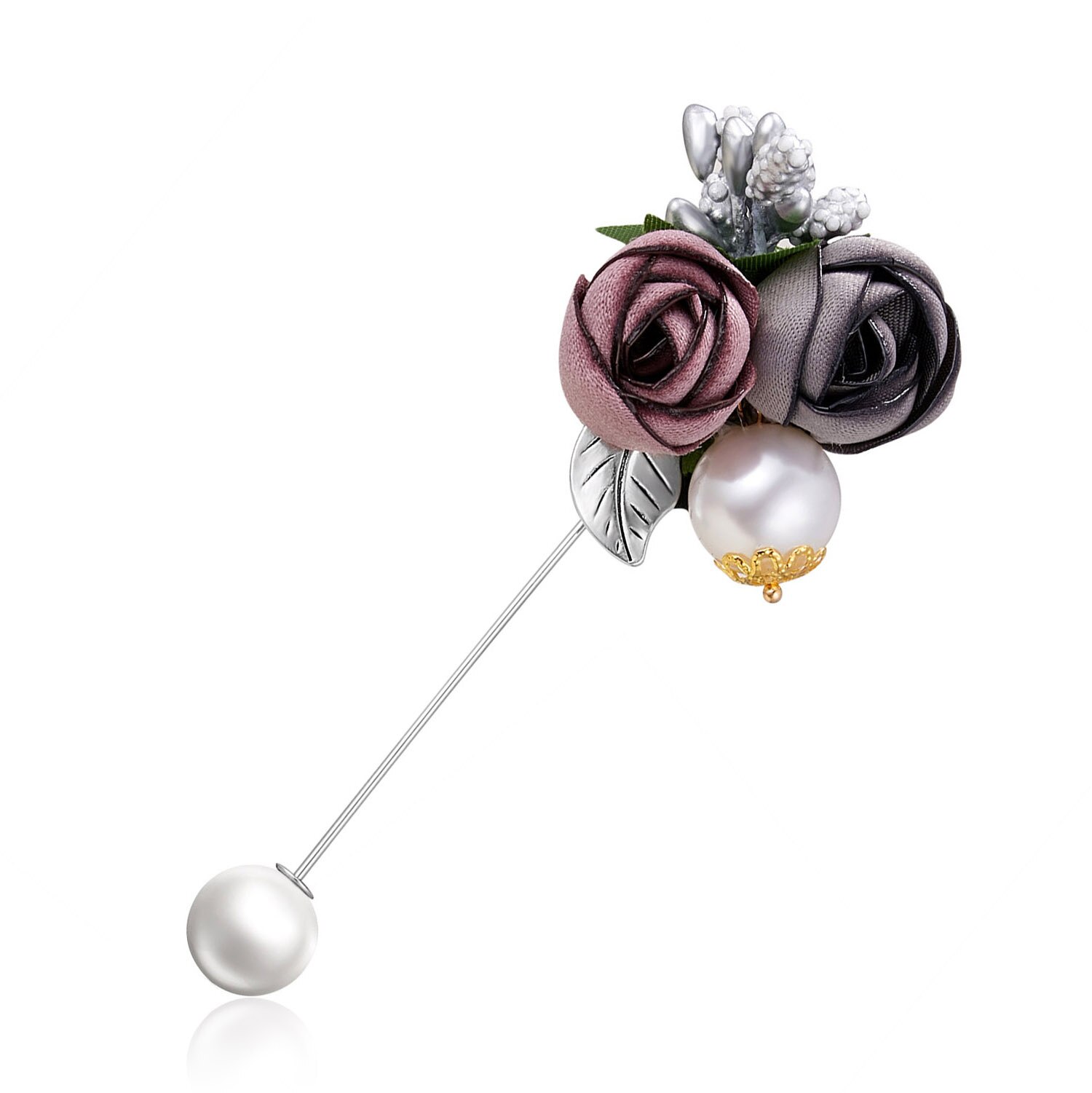 Rinhoo Dames Doek Art Stof Imitatie Parel Bloem Broche Vrouwen Lange Naald Vest Shirt Shawl Pak Badge Revers Pin Sieraden: Imitation Rhodium Plated