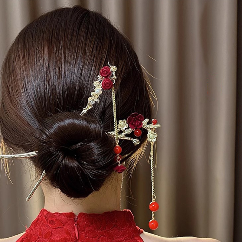 Röd ros tofs hårspinnar kvinnor antik pärla hårnål kvinnlig hårgaffel panna hår ätpinnar huvudbonad alla hjärtans dag