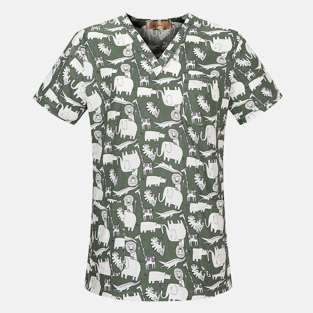Unisex ren bomuld print komfortabel åndbar spa uniform scrub arbejdstøj top + justerbar tegneserie print scrub cap: Top / L
