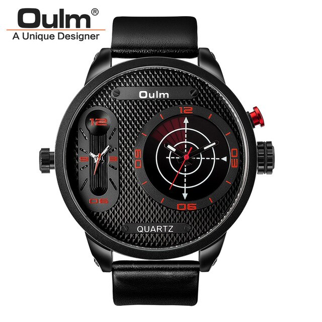 Oulm 3221B Grote Wijzerplaat Mannen Sport Horloges Luxe Mannelijke Quartz Klok Twee Tijdzone Lederen Band Horloge: Rood