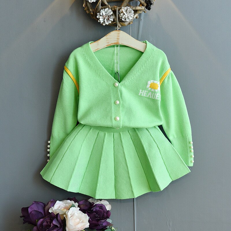 Conjunto de ropa para niños y niñas, suéteres para niñas pequeñas, suéter de punto, falda superior, 2 piezas, ropa de invierno: Green / 5 años