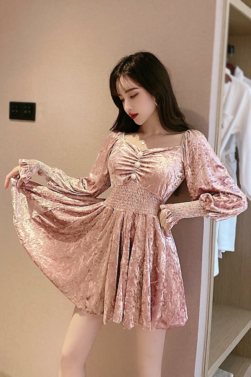 Temperament dam lykta ärm prinsessklänning guld sammet långärmad klänning kvinnor viktoriansk klänning kawaii flicka gotisk