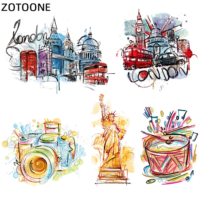 Zotoone Kleurrijke Londen Vrijheidsbeeld Patches Ijzer Op Transfers Voor Kleding T-shirt Diy Kids Camera Stickers Warmteoverdracht