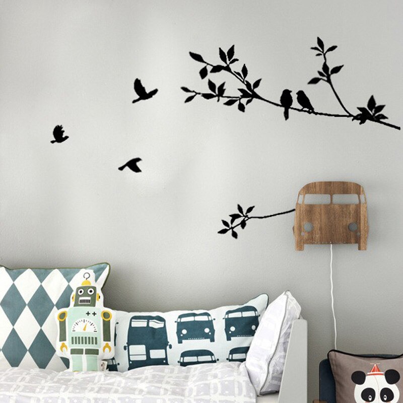 Modern Tree Branch Black Bird And Leaves Art Wall Stickers Removable Vinyl Decal Stickers Home Decoration Living Room