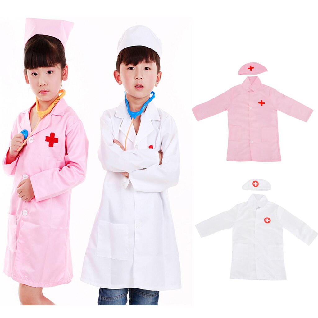 Børns langærmet lægeuniform, børnesygeplejerske kostume laboratoriekåbe & kasket foregive leg kjole dragt sæt