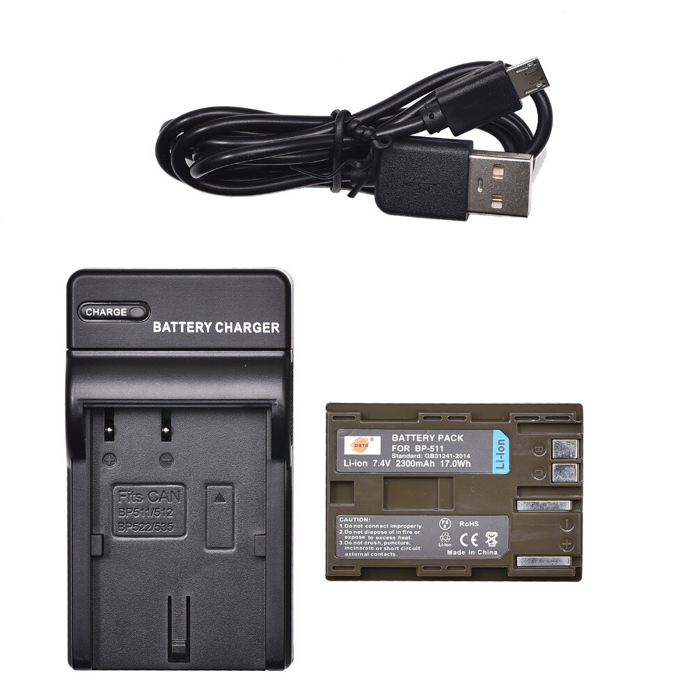 2PCS 2300mAh 7.4V DSTE BP-511 BP-511A BP511 Battery Charger for Canon 20D 30D 40D 50D MV 30i 300 300i ZR20 25MC Camera: 1Battery1USBCharger