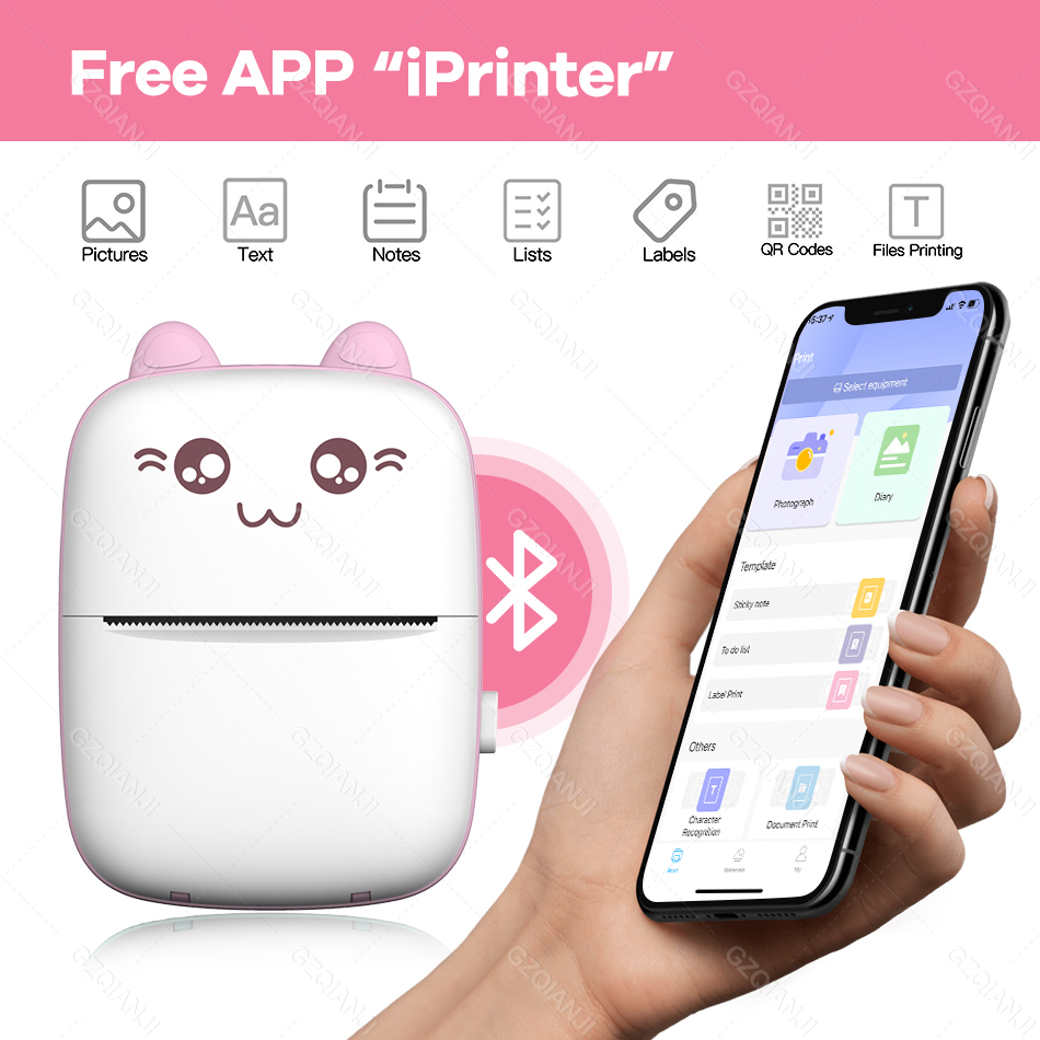 Thermal Printer 203DPI Portable Bluetooth 4.0 Thermal Photo Printer Wireless Inkless Mini Pocket Label Notes Printer With Papers