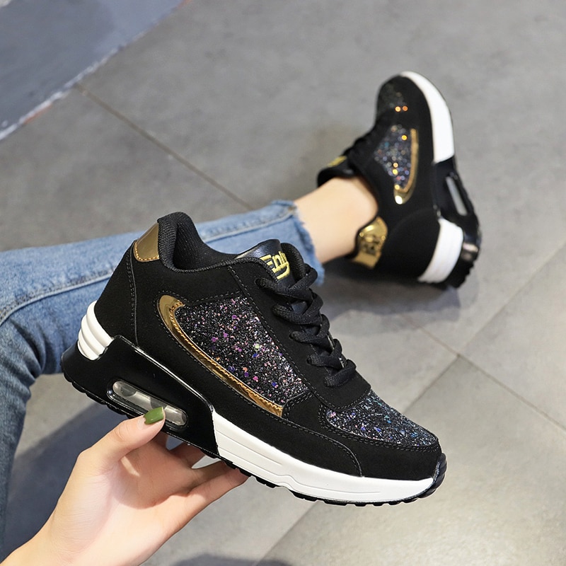 Dam dam wedges sneakers paljetter shake skor tjejer sportskor dam sneakers kvinna sneakers skor svart sko