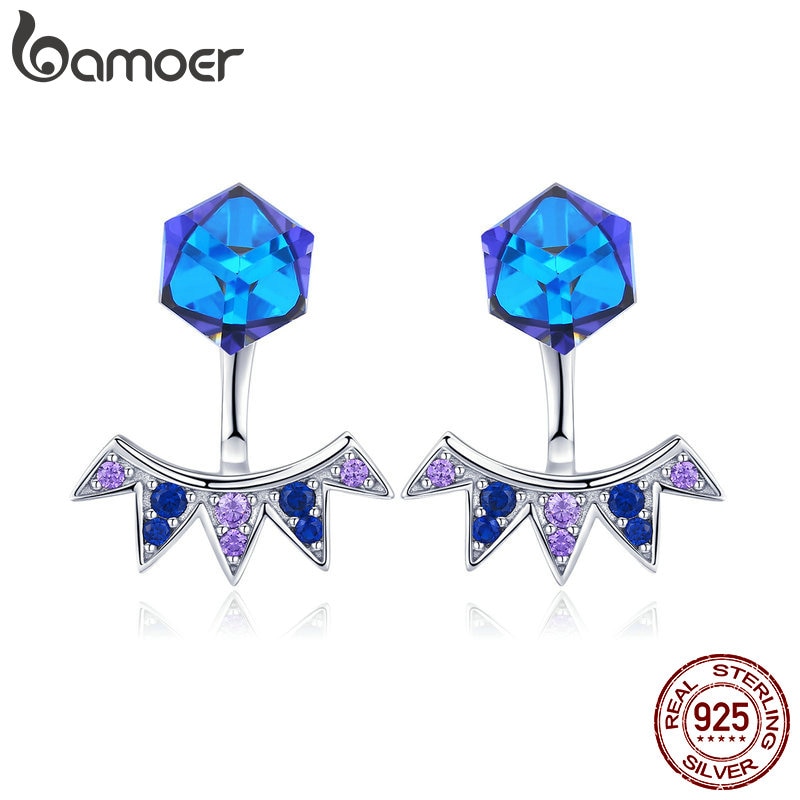 BAMOER Authentieke 925 Sterling Silver Blue Vierkante Geometrische Prachtige Stud Oorbellen Vrouwen Vintage Zilveren Sieraden SCE544