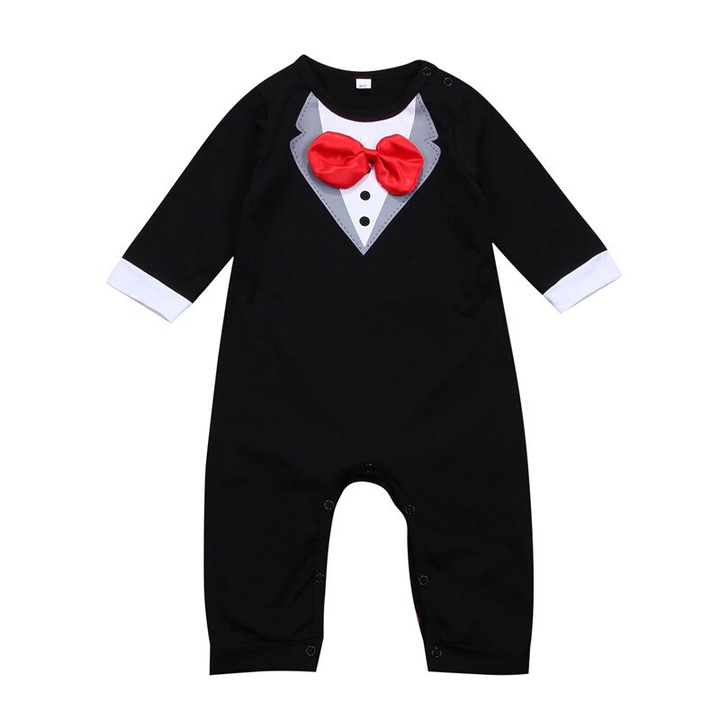 0-36months Leuke Baby Jongens Rompertjes Lange Mouw Strikje Baby Jongens Jumpsuit Zwart Wit Gentleman Formele Pasgeboren Kleding Speelpakje: Black / 18m