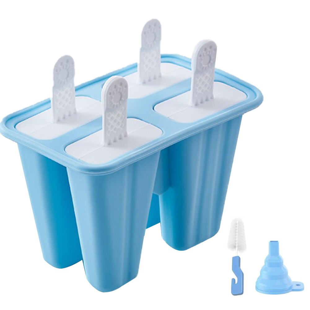 Molde de silicona reutilizable para hacer helados para niños, 4 cavidades, herramientas de bricolaje con embudo y cepillo de limpieza, barra, 3 uds.: blue