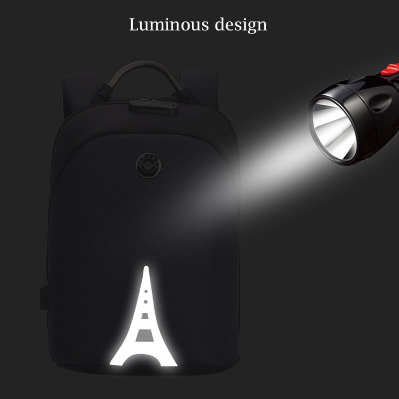 Ingen nyckel stöldskydd män ryggsäckar självlysande 15.6 tums usb laddning laptop manlig mochila college skolryggsäck
