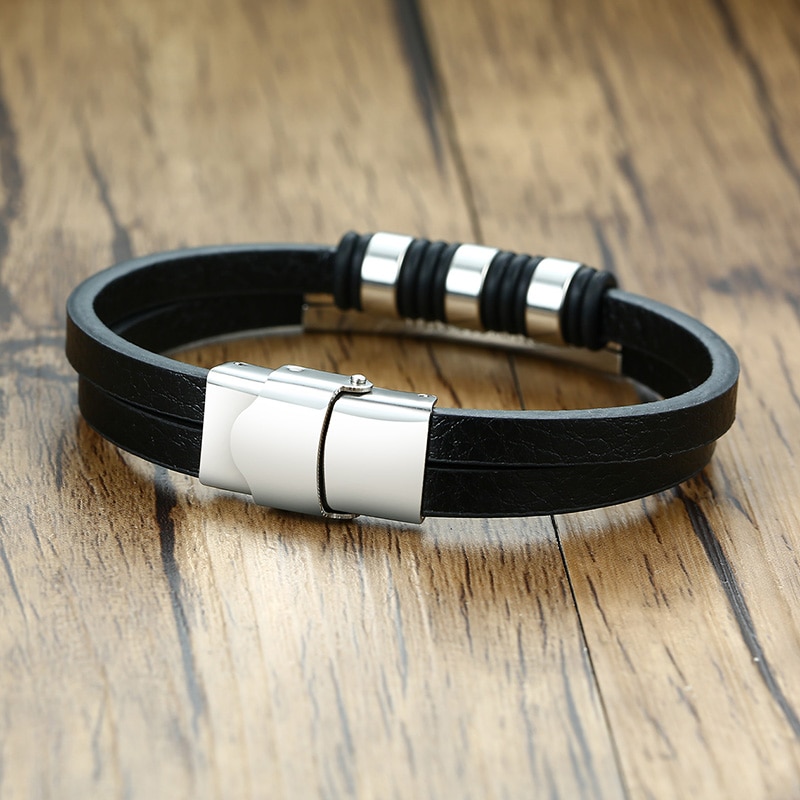 Mannen Lederen Armbanden Met Zwarte Kralen Charm Bangle Gelaagde Polsband Streetstyle Toevallige Mannelijke Sieraden