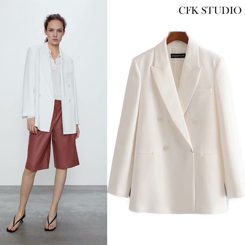 Za chaqueta de mujer con cuello doblado sólido doble pecho bolsillo Casual chaqueta suelta Femme blanco ropa de oficina prendas de vestir abrigo