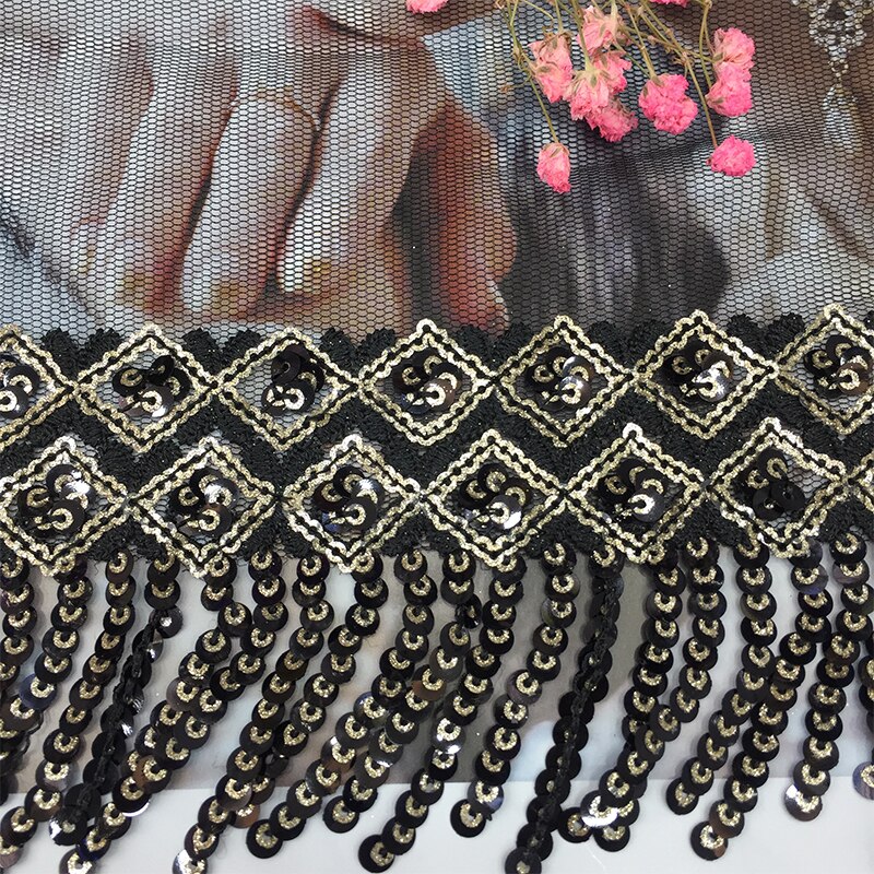 Performance scène vêtements accessoires maille fil bas paillettes code à barres dentelle gland ruban jupe décoration matériaux