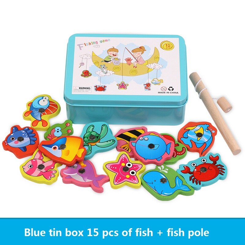 Juego de pesca magnético con caja de lata, bloques de madera, interacción entre padres e hijos, juego de inteligencia para Educación Temprana,