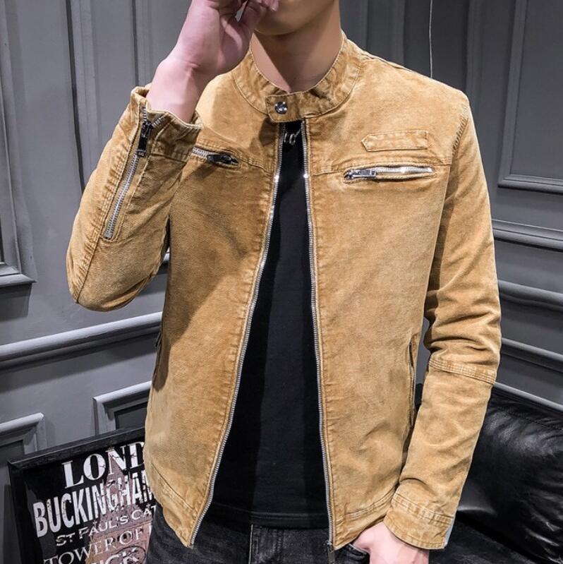 Cotton Men Slim Fit Denim Jacket Casual Stand Collar Long Sleeve Jacket Pocket Zipper Male Coat Plus Size M-3XL: 3 / L