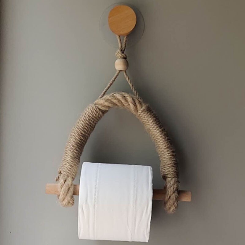 2 Pack Nautical Toilet Paper Holder – Rustic Wood & Hemp Rope Wall Mount With Beads, Self-Adhesive Towel Rack For Bathroom, Hotel, Or Beach House Decor