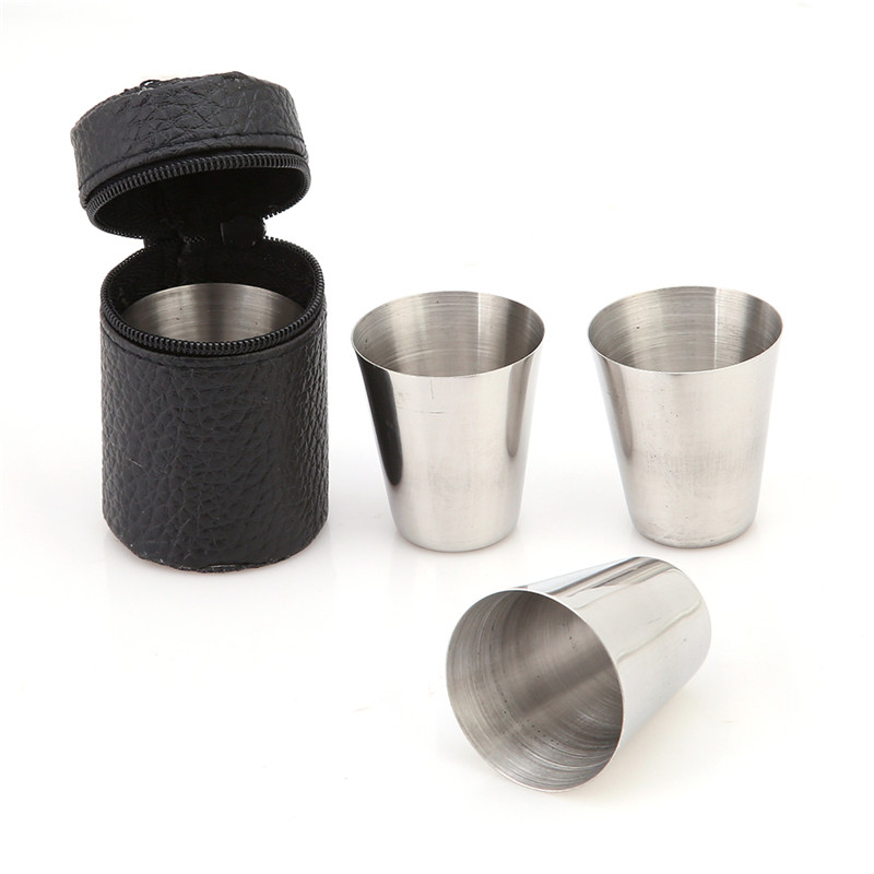 Taza de acero inoxidable para acampada, 4 Uds. De 30ML, 70ML, 180ML, taza para acampar y hacer senderismo, taza de té y café y cerveza con bolsa negra
