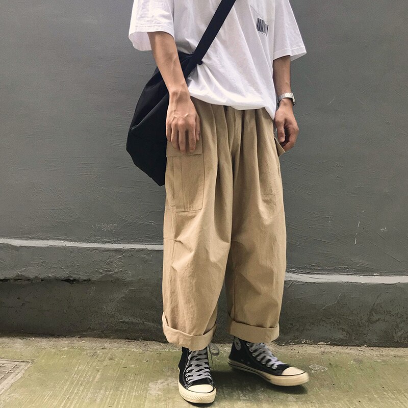 Menn casual straight japanske cargo bukser herre løs collage brede ben bukser menn streetwear bukser rumper: M / Khaki (asiatisk størrelse)