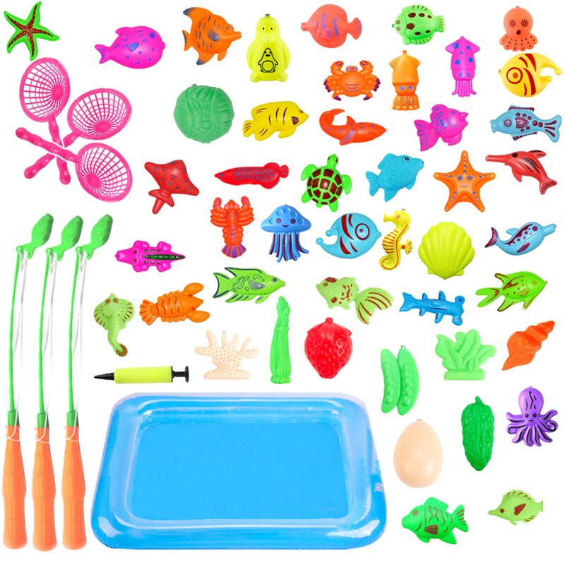 Juego de juguetes de peces con piscina inflable para niños, juguete de pesca magnético, Red de caña para niños, modelo para jugar, pesca, juegos al aire libre