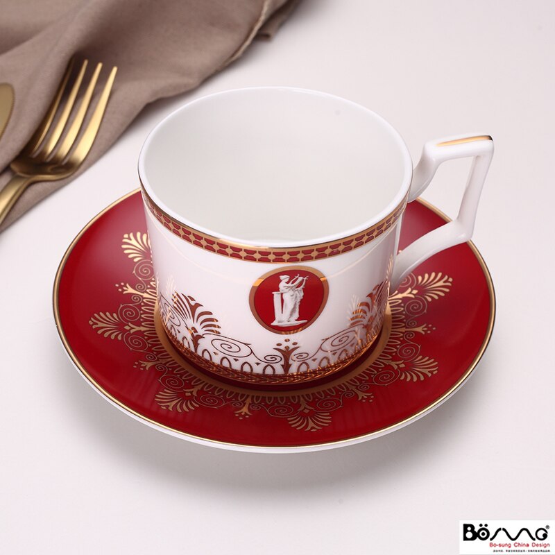 British high-end western food dish red model room bone China steak dish home western food club tableware set: Cup and dish