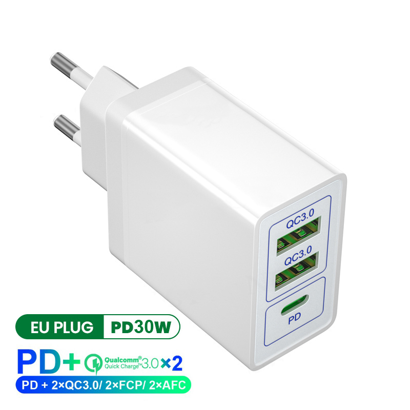 30w -fach usb-schnellladegerät, schnellladefunktion 4.0 , 3.0 typ-c pd schnellladefunktion für iphone 12, 11 x usb-ladegerät,  qc 3.0 handy-ladegerät für huawei: 3 ports pd qc eu typ