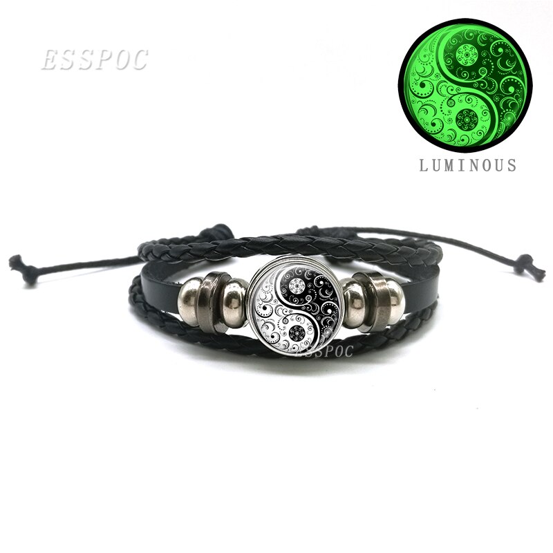 Mode Mannen Yin Yang Kat Lichtgevende Glazen Cabochon Drukknoop Armband Glow in Dark Yin Yang Zwart Lederen Armband: As show 8