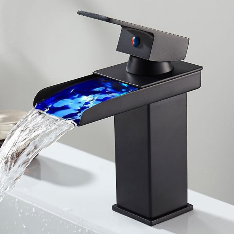 LED Waterfall Kitchen Bathroom Basin Sink Taps Faucet Temperature Color Change