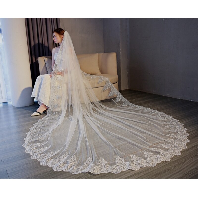 5 Meter White Ivory Cathedral Wedding Veils Long Lace Edge Bridal Veil with Comb Wedding Accessories Bride Veu accesorios novia