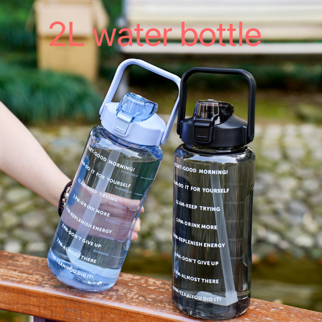 2l Draagbare Waterfles Grote Capaciteit Plastic Stro Water Cup Drinkfles Met Tijdmarkering Voor Buitensporten Fitness