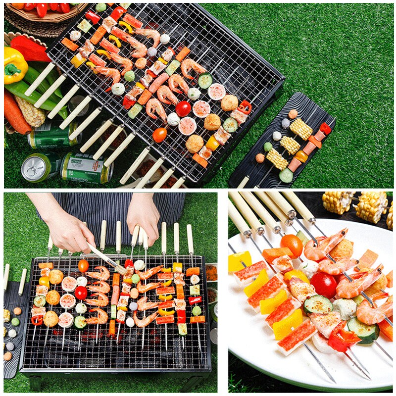 20 piezas de carne asado varilla para pinchos de barbacoa de acero inoxidable aguja brochetas de barbacoa utensilios de cocina al aire libre Camping Picnic