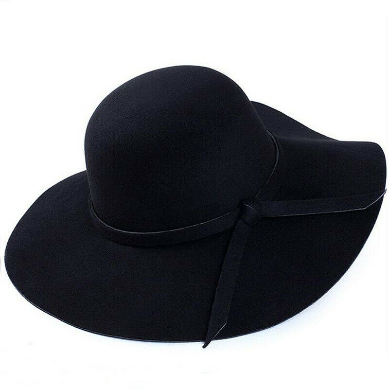 Fes sol Vintage de las mujeres Floppy Bowknot sombrero de ala ancha sombrero de fieltro de lana Fe damas vacaciones sombrero al aire libre: Negro