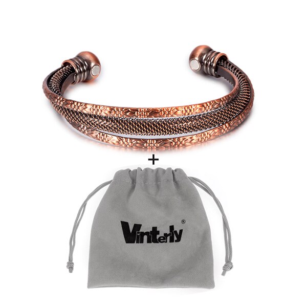 Vinterly torcido pulseira de cobre flores vintage energia magnética pulseira ajustável aberto manguito pulseiras presentes para mulher: with bag