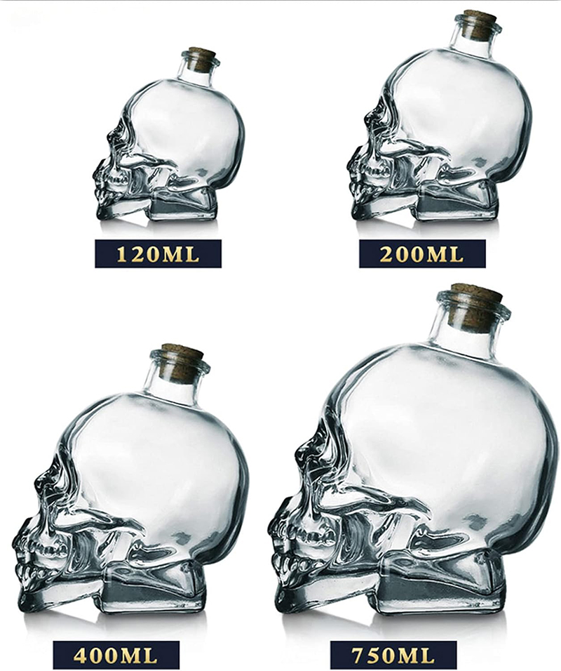 Totenkopf-Dekanter, bleifreie 3D-Totenkopf-Flasche aus Glaskristall mit Korkstopfen, Totenkopf-Einmachglas für Wodka