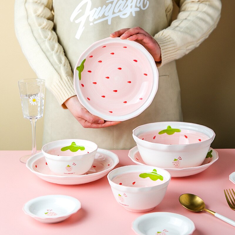 Ceramic Dinnerware Set Pink Dish Soup Spoon Noodle Plate Mug Food Bowl Girls Favor Easily Clean Home Use 1 Pcs Strawberry Style