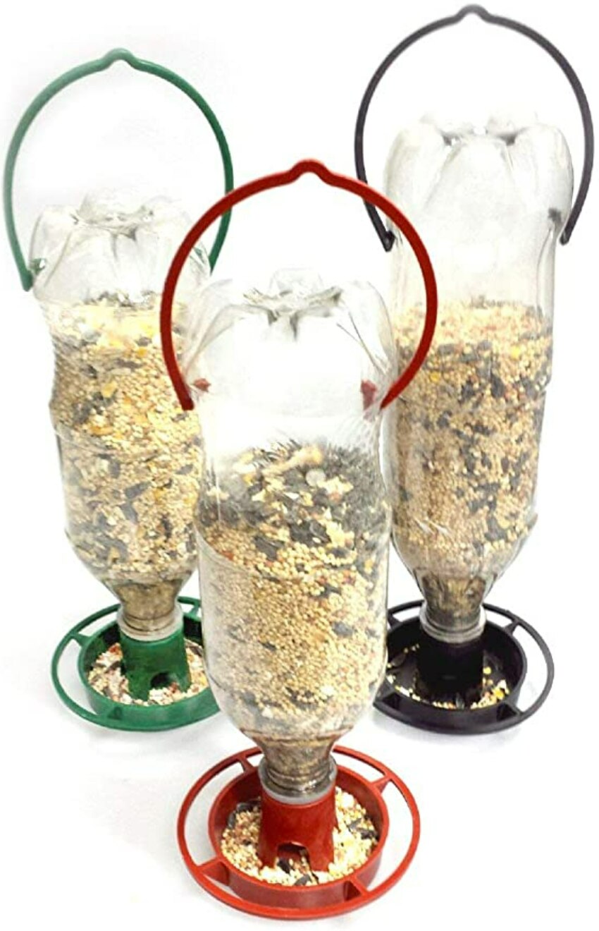 Pack of 2 Hanging Soda Bottle Bird Feeders Fill Plastic Soda Bottles with Bird Seed, Twist on Feeding Tray, Hang Outdoors Feeder