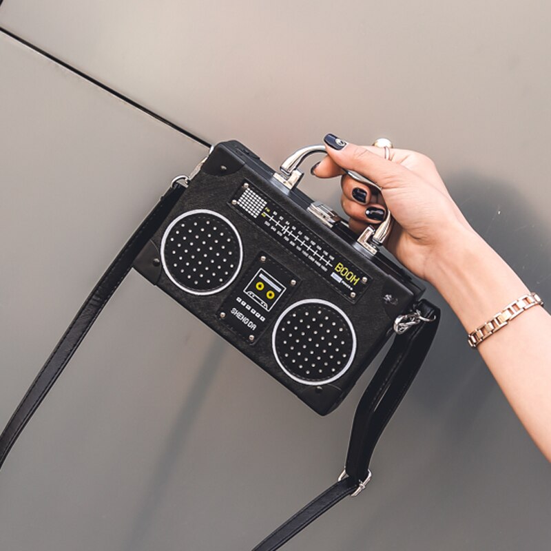 Sjov sort radio stil pu læder dame clutch taske skulder taske håndtaske kvinde crossbody mini messenger taske punge