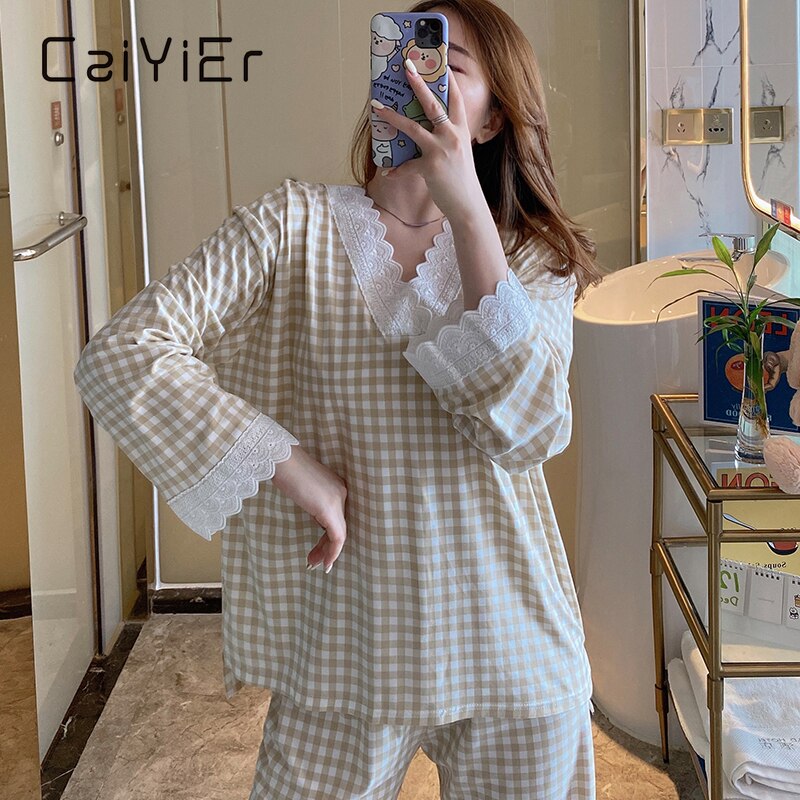 CAIYIER Women Grid Pajamas Set Princess Sweet Cute Sleepwear Sexy Lace Long Sleeve Pant V-Neck Loose Homewear 2Piece/Set: yellow / XXL