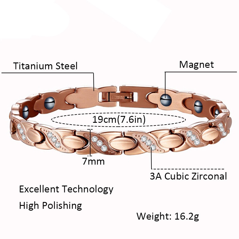 Olowu Frauen Edelstahl Zirkon Energie Armbinde Rose Gold knapp X Geformt Energie Gesundheit Magnetische Germanium Armbänder 19 cm