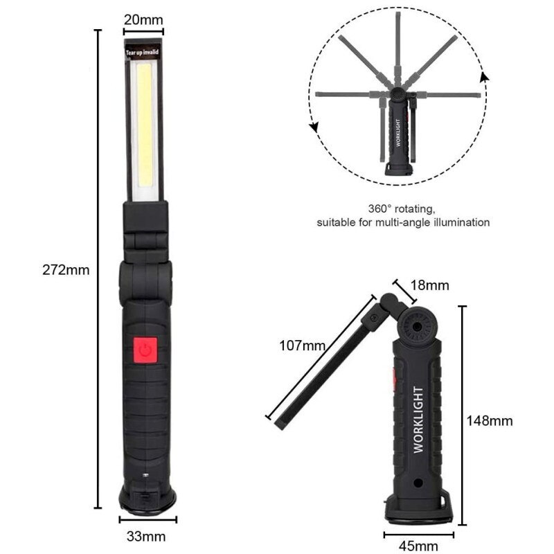 USB Rechargeable Flashlight Magnetic 5 Modes COB Led Work Light Waterproof Torch for Car Repair