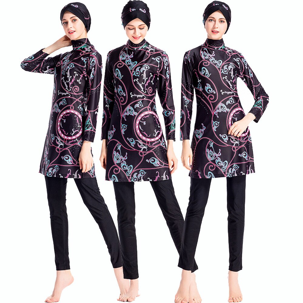 Female Burkinis Islamic Muslim Women Swimwear Plant Printed Swimsuit Plus Size Middle East Women Beach Swimsuits Swim Hat 3in1