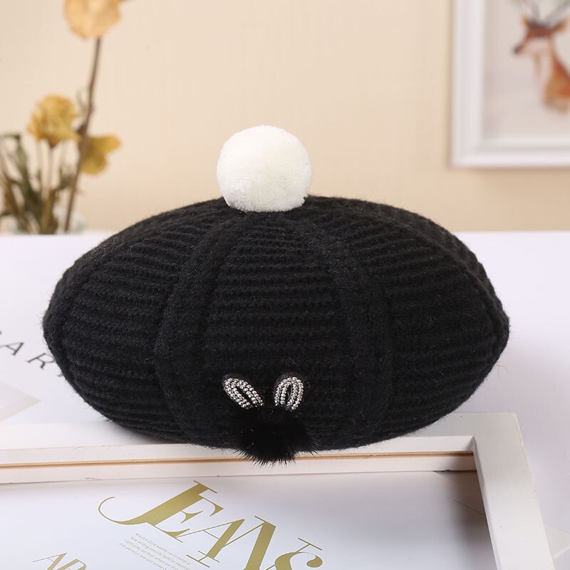 Dames hoeden en petten baret hoed muts dames herfst winter warme muts muts femme bontbal konijn wollen gebreide muts: Zwart