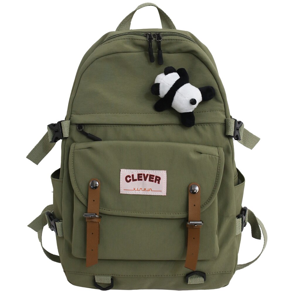 Damen Student Kühlen Rucksack Nette Frauen Schule Tasche Buch Trendy Weibliche Rucksäcke Wasserdichte Nylon Kawaii Tasche College Mädchen: green / With panda pendant