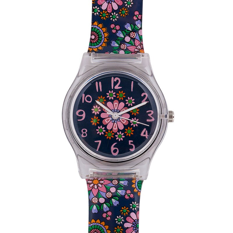 brand children students quartz watches kids soft waterproof sports heart butterfly wristwatches Xmas: Dark Blue flowers