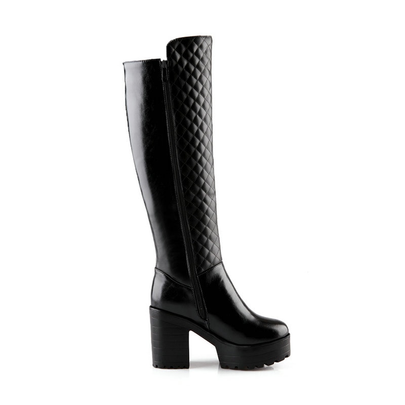 Frauen Schuhe Winter Plüsch Platz hoch Hacke Kniehohe Stiefel Plattform Reißverschluss Stiefel Runde Kappe Stiefel Schnee Weiß Schwarz