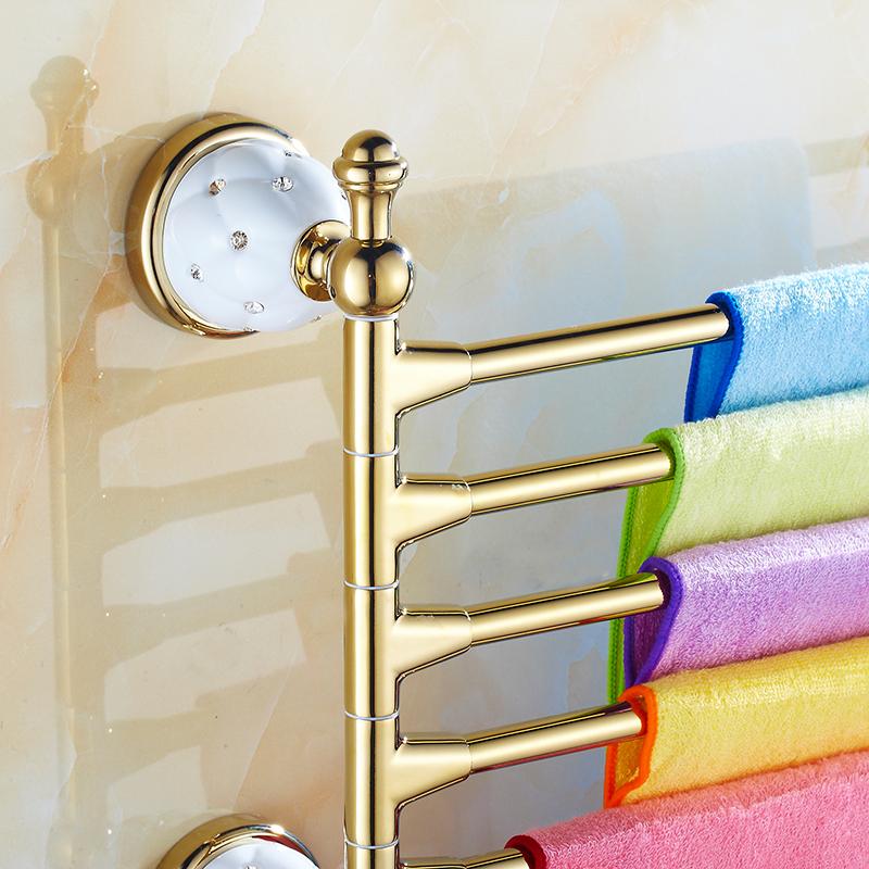 Handdoekrekken 4 verplaatsbare messing gouden roterende handdoekhouders wandmontage handdoekstang badkameraccessoires